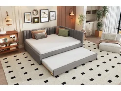 Cama de rodízio 140 x 200 cm + 90 x 190 cm com cabeceira - Tecido veludo - com base de ripas - Cinza