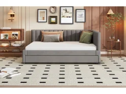 Cama de rodízio 140 x 200 cm + 90 x 190 cm com cabeceira - Tecido veludo - com base de ripas - Cinza