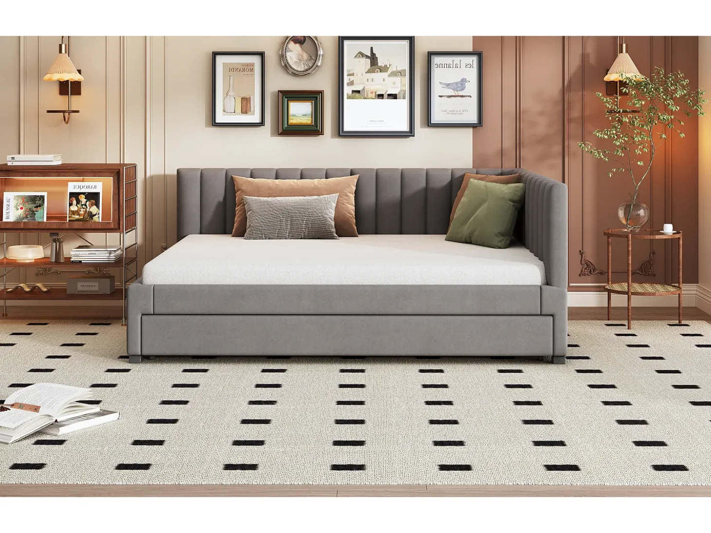 Cama de rodízio 140 x 200 cm + 90 x 190 cm com cabeceira - Tecido veludo - com base de ripas - Cinza