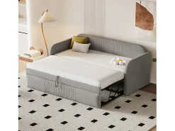 Cama de rodízio 90/180 x 190 cm - tecido de linho - padrão listrado vertical - cor cinza claro (colchão não incluído)