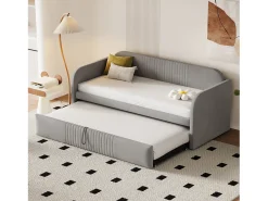 Cama de rodízio 90/180 x 190 cm - tecido de linho - padrão listrado vertical - cor cinza claro (colchão não incluído)