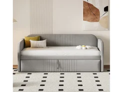 Cama de rodízio 90/180 x 190 cm - tecido de linho - padrão listrado vertical - cor cinza claro (colchão não incluído)