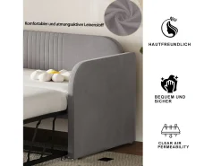 Cama de rodízio 90/180 x 190 cm - tecido de linho - padrão listrado vertical - cor cinza claro (colchão não incluído)
