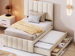 Cama de rodízio 90 x 190/200 cm com 3 gavetas - tecido de linho - base de ripas - bege