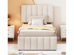 Cama de rodízio 90 x 190/200 cm com 3 gavetas - tecido de linho - base de ripas - bege