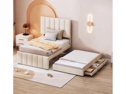 Cama de rodízio 90 x 190/200 cm com 3 gavetas - tecido de linho - base de ripas - bege