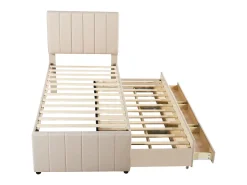 Cama de rodízio 90 x 190/200 cm com 3 gavetas - tecido de linho - base de ripas - bege