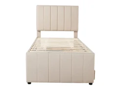 Cama de rodízio 90 x 190/200 cm com 3 gavetas - tecido de linho - base de ripas - bege