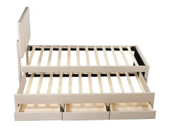 Cama de rodízio 90 x 190/200 cm com 3 gavetas - tecido de linho - base de ripas - bege