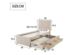 Cama de rodízio 90 x 190/200 cm com 3 gavetas - tecido de linho - base de ripas - bege