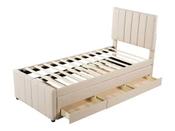 Cama de rodízio 90 x 190/200 cm com 3 gavetas - tecido de linho - base de ripas - bege