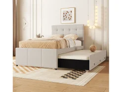 Cama de rodízio 90 x 190/200 cm com cabeceira regulável - 3 gavetas - Tecido de linho - Base de ripas - bege (sem colchão)