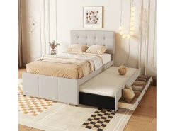 Cama de rodízio 90 x 190/200 cm com cabeceira regulável - 3 gavetas - Tecido de linho - Base de ripas - bege (sem colchão)
