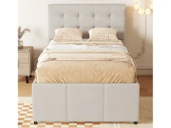 Cama de rodízio 90 x 190/200 cm com cabeceira regulável - 3 gavetas - Tecido de linho - Base de ripas - bege (sem colchão)