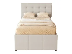 Cama de rodízio 90 x 190/200 cm com cabeceira regulável - 3 gavetas - Tecido de linho - Base de ripas - bege (sem colchão)
