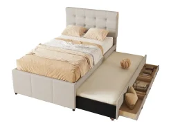 Cama de rodízio 90 x 190/200 cm com cabeceira regulável - 3 gavetas - Tecido de linho - Base de ripas - bege (sem colchão)