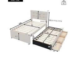 Cama de rodízio 90 x 190/200 cm com cabeceira regulável - 3 gavetas - Tecido de linho - Base de ripas - bege (sem colchão)