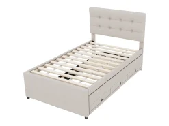 Cama de rodízio 90 x 190/200 cm com cabeceira regulável - 3 gavetas - Tecido de linho - Base de ripas - bege (sem colchão)