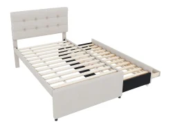 Cama de rodízio 90 x 190/200 cm com cabeceira regulável - 3 gavetas - Tecido de linho - Base de ripas - bege (sem colchão)