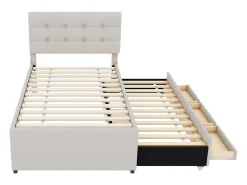Cama de rodízio 90 x 190/200 cm com cabeceira regulável - 3 gavetas - Tecido de linho - Base de ripas - bege (sem colchão)