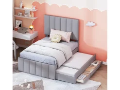 Cama de rodízio 90 x 190/200 cm com 3 gavetas - tecido de linho - base de ripas - cinza