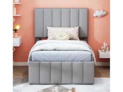 Cama de rodízio 90 x 190/200 cm com 3 gavetas - tecido de linho - base de ripas - cinza
