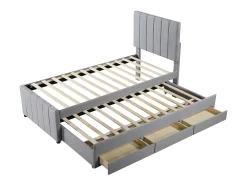 Cama de rodízio 90 x 190/200 cm com 3 gavetas - tecido de linho - base de ripas - cinza