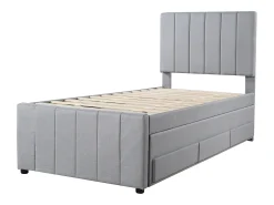 Cama de rodízio 90 x 190/200 cm com 3 gavetas - tecido de linho - base de ripas - cinza