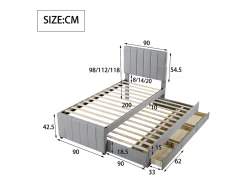 Cama de rodízio 90 x 190/200 cm com 3 gavetas - tecido de linho - base de ripas - cinza