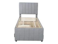 Cama de rodízio 90 x 190/200 cm com 3 gavetas - tecido de linho - base de ripas - cinza