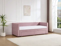 Cama de rodízio 2 x 80 x 200 cm com estrado ripado e gavetas em tecido texturizado rosa - CAMITY