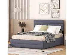 Cama de rodízio com arrumação - 140 x 200 cm + 90 x 190 cm - tecido de linho - cabeceira ajustável - base de ripas - cor cinza