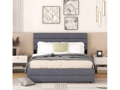 Cama de rodízio com arrumação - 140 x 200 cm + 90 x 190 cm - tecido de linho - cabeceira ajustável - base de ripas - cor cinza