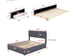 Cama de rodízio com arrumação - 140 x 200 cm + 90 x 190 cm - tecido de linho - cabeceira ajustável - base de ripas - cor cinza