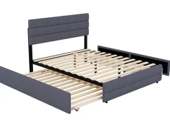Cama de rodízio com arrumação - 140 x 200 cm + 90 x 190 cm - tecido de linho - cabeceira ajustável - base de ripas - cor cinza