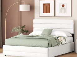 Cama de rodízio com arrumação - 140 x 200 cm + 90 x 190 cm - tecido de linho - cabeceira ajustável - base de ripas - cor branca