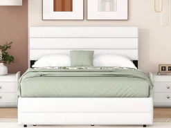 Cama de rodízio com arrumação - 140 x 200 cm + 90 x 190 cm - tecido de linho - cabeceira ajustável - base de ripas - cor branca