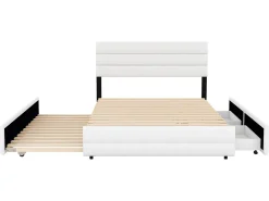 Cama de rodízio com arrumação - 140 x 200 cm + 90 x 190 cm - tecido de linho - cabeceira ajustável - base de ripas - cor branca