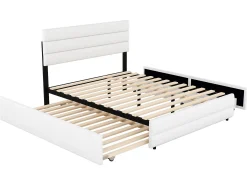 Cama de rodízio com arrumação - 140 x 200 cm + 90 x 190 cm - tecido de linho - cabeceira ajustável - base de ripas - cor branca
