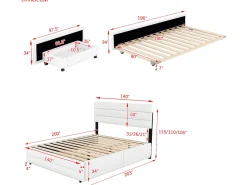 Cama de rodízio com arrumação - 140 x 200 cm + 90 x 190 cm - tecido de linho - cabeceira ajustável - base de ripas - cor branca