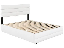 Cama de rodízio com arrumação - 140 x 200 cm + 90 x 190 cm - tecido de linho - cabeceira ajustável - base de ripas - cor branca