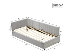 Cama de rodízio estofada 90x200cm, sofá-cama, base de ripas, cama individual, veludo, cinzento