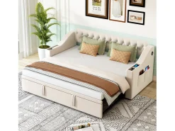 Cama de rodízio 90/180x190 cm - com tomadas e bolso de arrumação - tecido veludo - Bege