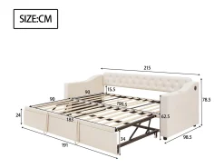 Cama de rodízio 90/180x190 cm - com tomadas e bolso de arrumação - tecido veludo - Bege