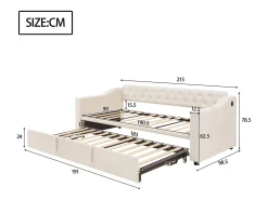 Cama de rodízio 90/180x190 cm - com tomadas e bolso de arrumação - tecido veludo - Bege