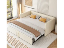 Cama de rodízio 90/180x200 cm - sofá-cama estofado - cama extensível com estrados de ripas - cama multifuncional em tecido de veludo amigo da pele - Bege