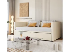 Cama de rodízio 90/180x200 cm - sofá-cama estofado - cama extensível com estrados de ripas - cama multifuncional em tecido de veludo amigo da pele - Bege