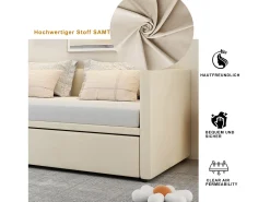 Cama de rodízio 90/180x200 cm - sofá-cama estofado - cama extensível com estrados de ripas - cama multifuncional em tecido de veludo amigo da pele - Bege