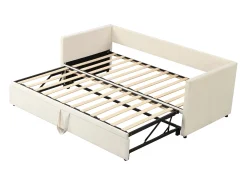 Cama de rodízio 90/180x200 cm - sofá-cama estofado - cama extensível com estrados de ripas - cama multifuncional em tecido de veludo amigo da pele - Bege