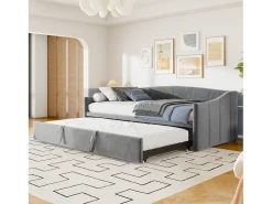 Cama de rodízio 90/180x200 cm - sofá-cama estofado - cama extensível com estrados de ripas - cama multifuncional em tecido de veludo amigo da pele - Cinza